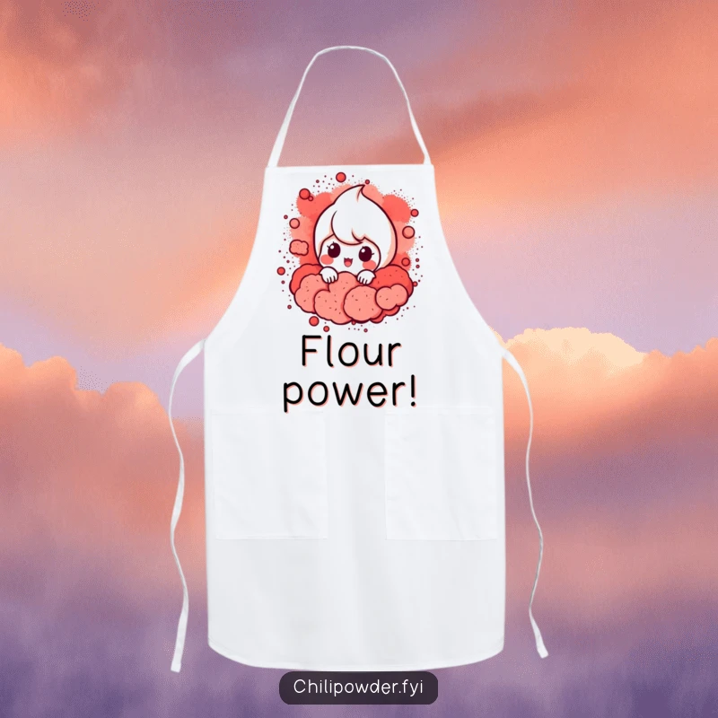 Funny Chili Powder Peek Apron: A chili powder character peeking from red powder, designed for playful kitchen wear.