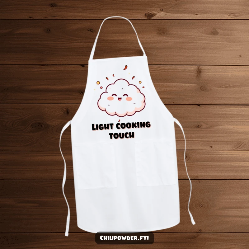 Funny chili powder cloud giggling on an apron, symbolizing cheerful cooking experiences.