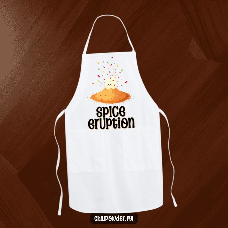 Funny chili powder erupting in a confetti blast, on a practical apron to keep you clean and entertained while cooking.
