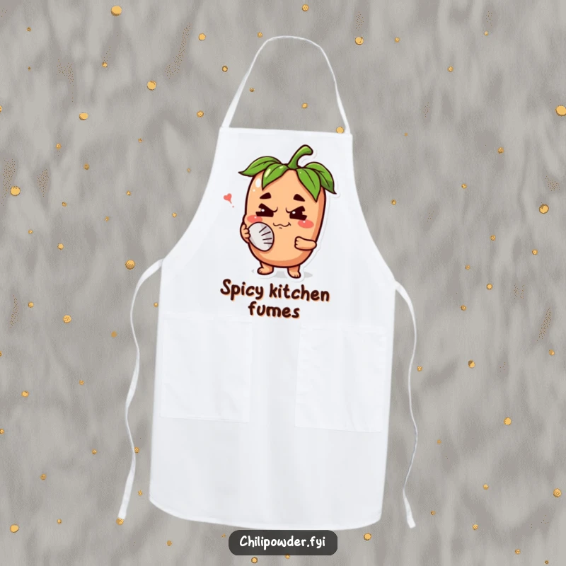 Funny chili powder character with a happy grimace, fanning its face on an apron, bringing spicy humor to cooking and kitchen duties.