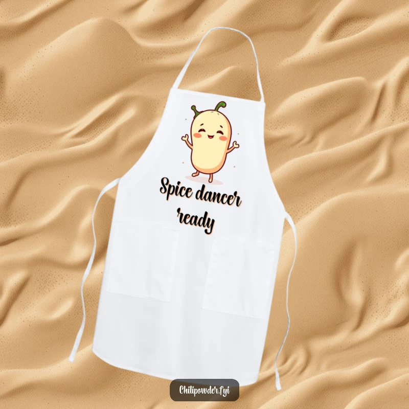 Funny apron showcasing a chili powder character in a spirited jig, perfect for the cook who adds flavor and fun to every meal.