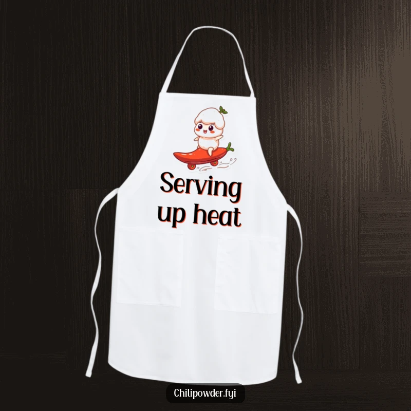 Funny chili powder puff surfing a pepper like a surfboard, featured on a stylish and funny apron for the kitchen.