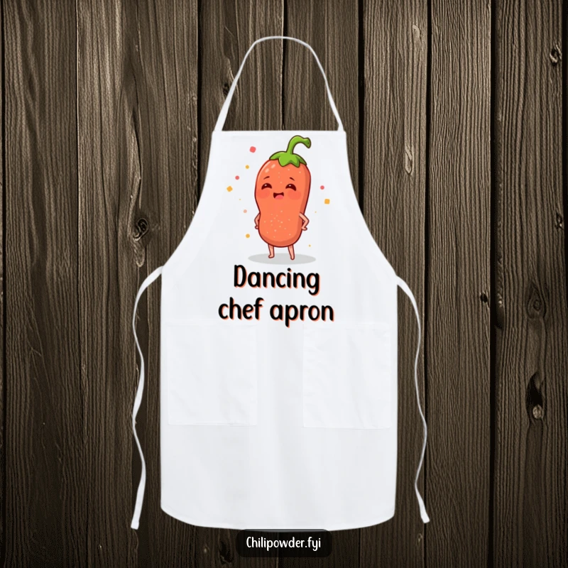 Funny apron showing a chili powder sprinkle character merrily wiggling its hips, perfect for cooks who bring spice and cheer.