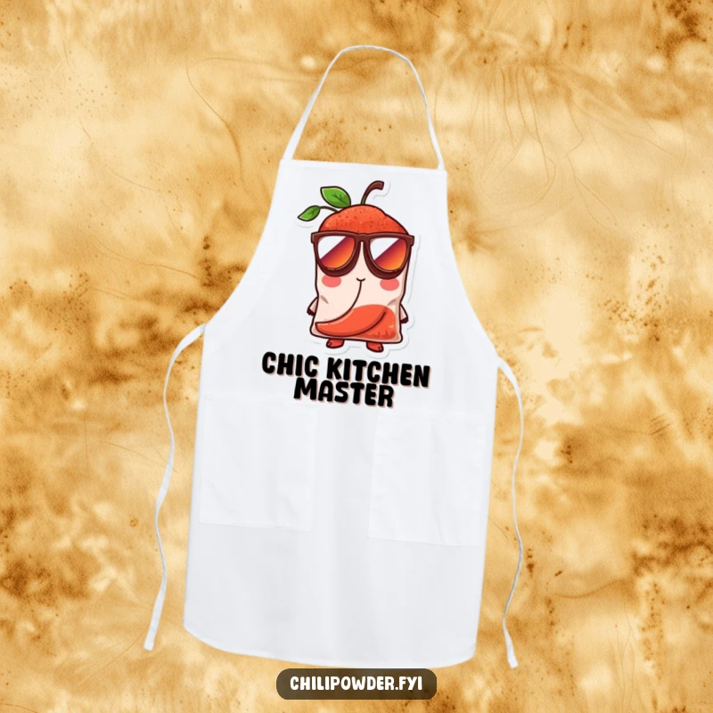 Funny chili powder bag character in oversized sunglasses, looking cool and confident, featured on a kitchen apron for humorous cooking.