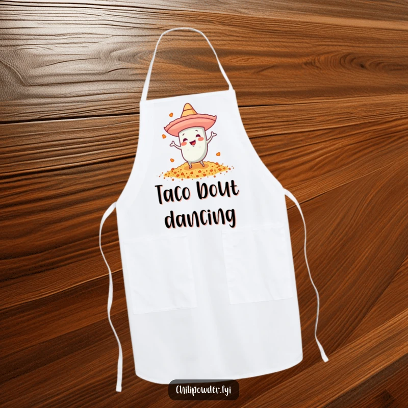 Funny chili powder apron with a tiny sombrero, dancing energetically, perfect for adding fiesta fun to cooking.