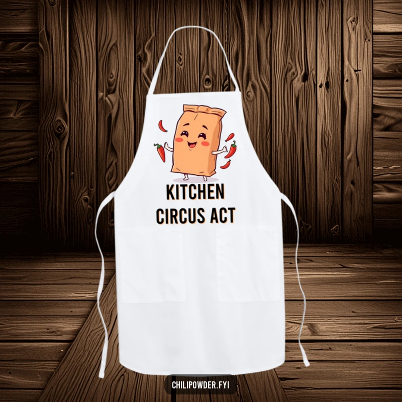 Funny chili powder bag character juggling mini chili peppers with a playful smirk, featured on a kitchen apron for humorous cooking.