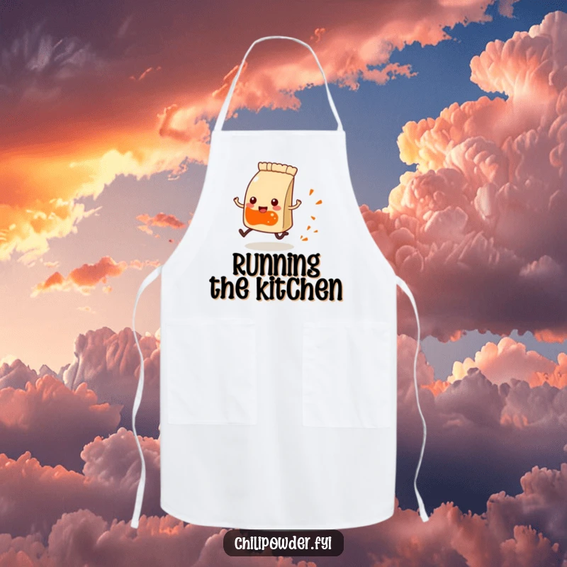 Funny Kawaii chili powder pouch with tiny legs, happily running and leaving a spice trail, humorous kitchen apron.