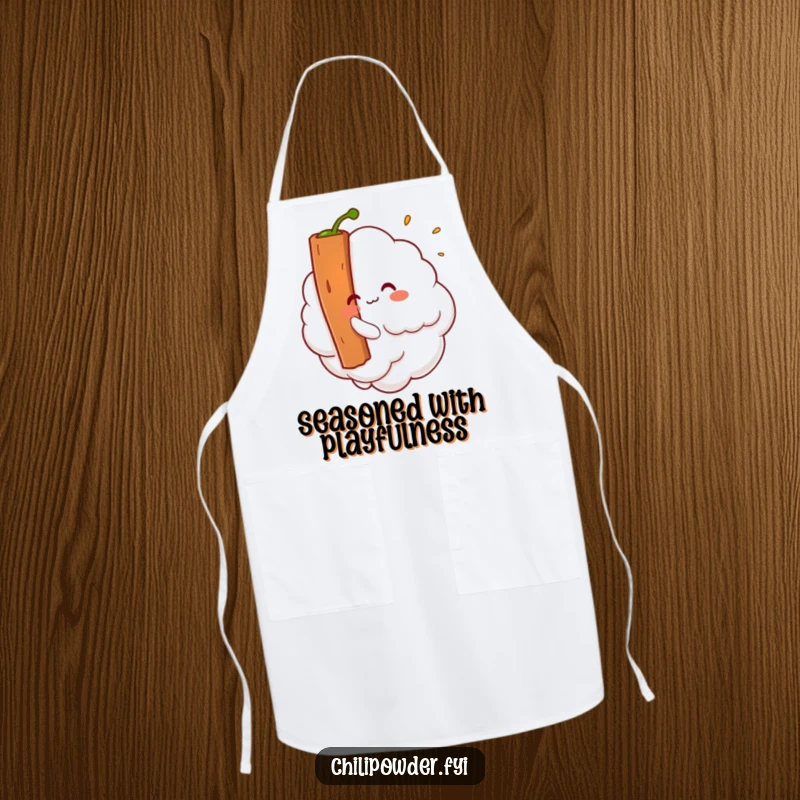 Funny Kawaii chili powder cloud playfully tickling a cinnamon stick, a humorous and practical kitchen apron.