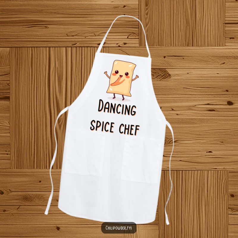 Funny Kawaii chili powder bag with legs in a salsa dance pose on a kitchen apron, ready for spicy culinary fun.