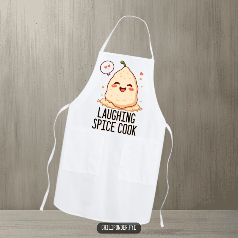 Funny Kawaii chili powder pile giggling heartily with a speech bubble on a kitchen apron, for chefs who love fun.