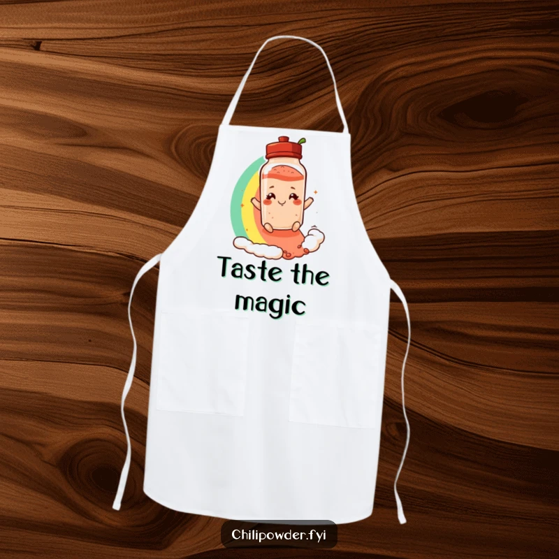 Funny apron featuring a chili powder shaker with a playful smirk, sliding down a vibrant rainbow, ready for colorful cooking.