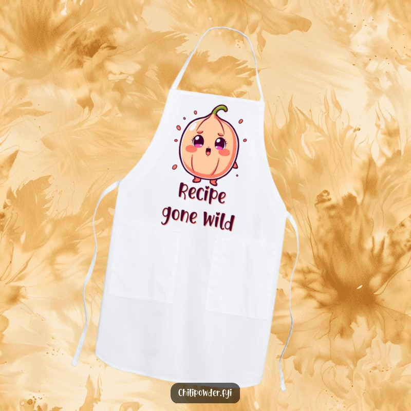 Funny chili powder apron with a character in cartoonish shock and wide eyes, perfect for adding surprise to cooking.