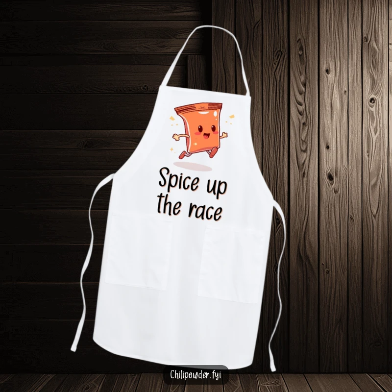Funny chili powder bag character running with speed and a sparkly trail, featured on a kitchen apron, perfect for humorous cooking sessions.