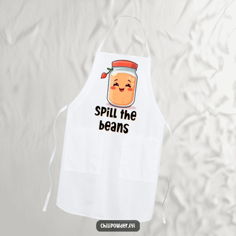 Funny chili powder jar with a happy grin, tipping over playfully, on a practical apron for kitchen fun and humor.
