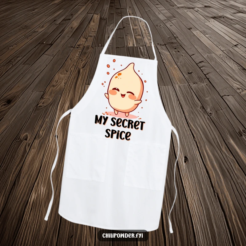 Funny chili powder character winking and sprinkling spice on a stylish chef's apron, ready for kitchen fun.