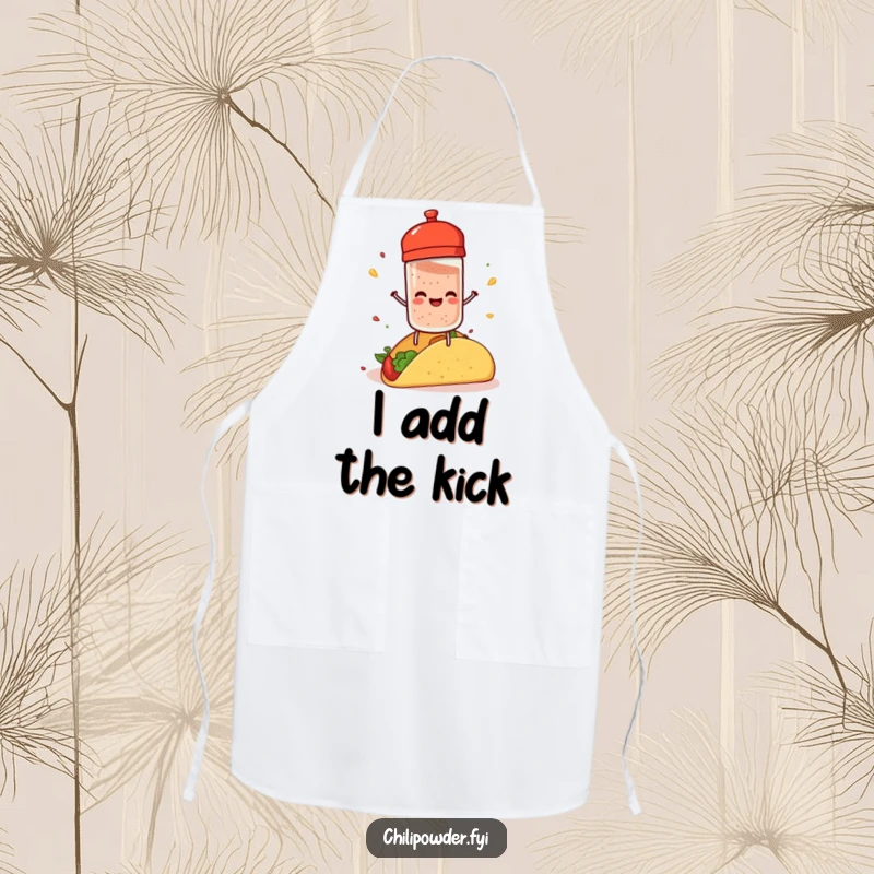 Funny chili powder shaker with tiny legs, joyfully sprinkling spice on a taco, ready for kitchen duty.