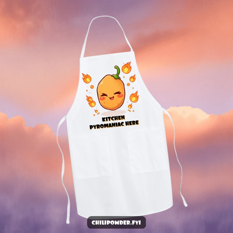 Funny apron depicting a winking chili powder grain skillfully juggling small flame icons, ready for fiery cooking adventures.