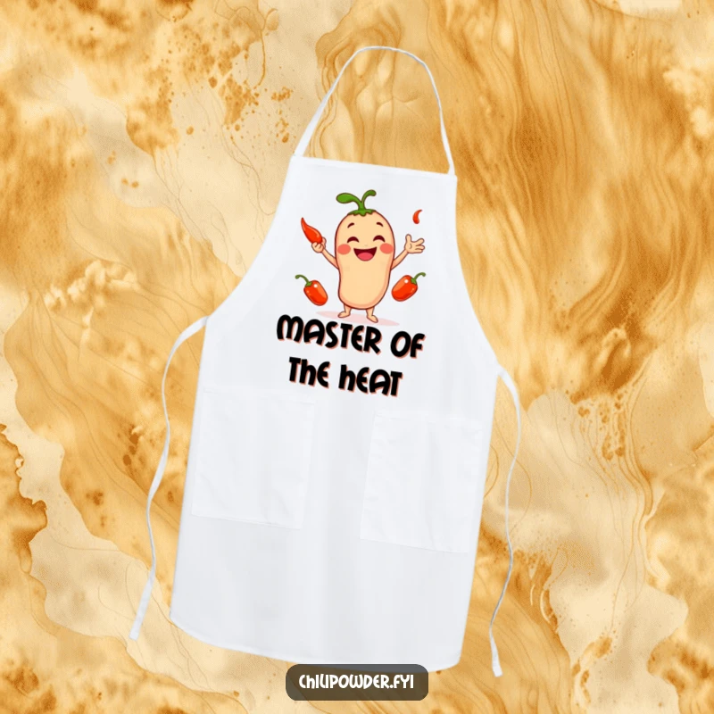Funny apron designed with a smiling chili powder character expertly juggling three small, red peppers while cooking with flair.
