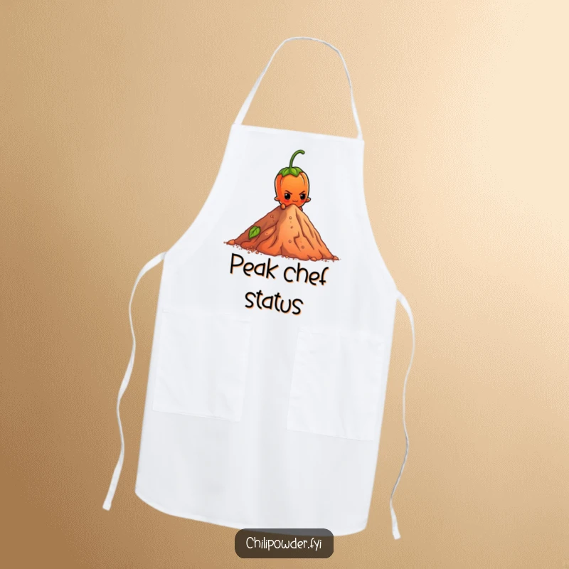 Funny Apron: A determined chili powder element character scales a pepper mountain, making kitchen tasks feel adventurous.