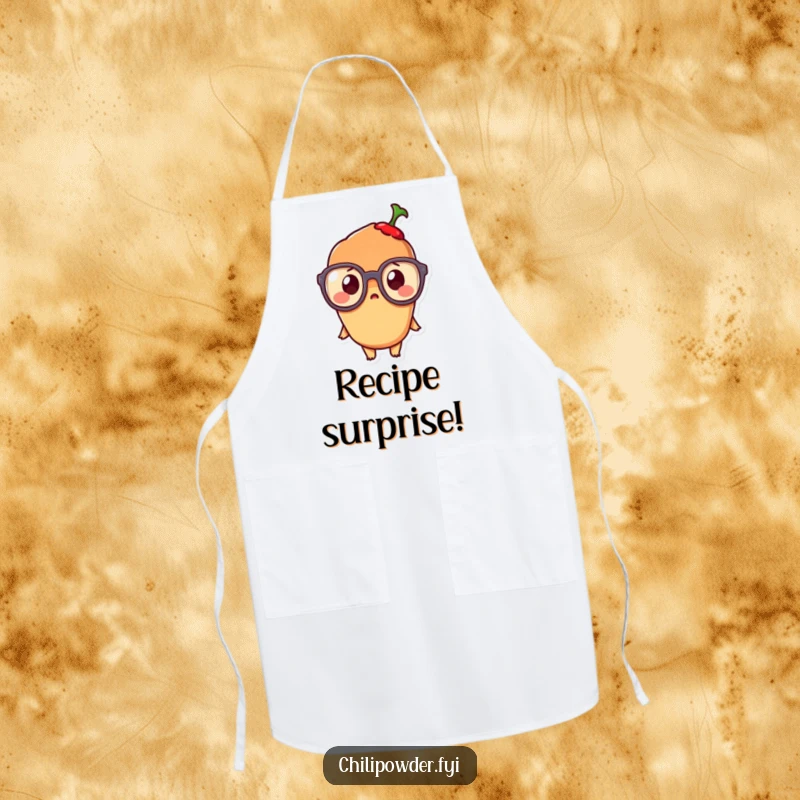 Funny Kawaii Chili Powder Apron: A surprised kawaii chili character in oversized glasses, designed for playful kitchen wear.