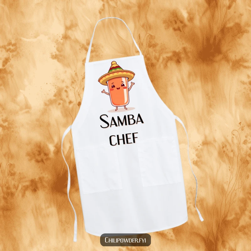 Funny chili powder container wearing a sombrero, dancing samba on an apron, for the cheerful cook.