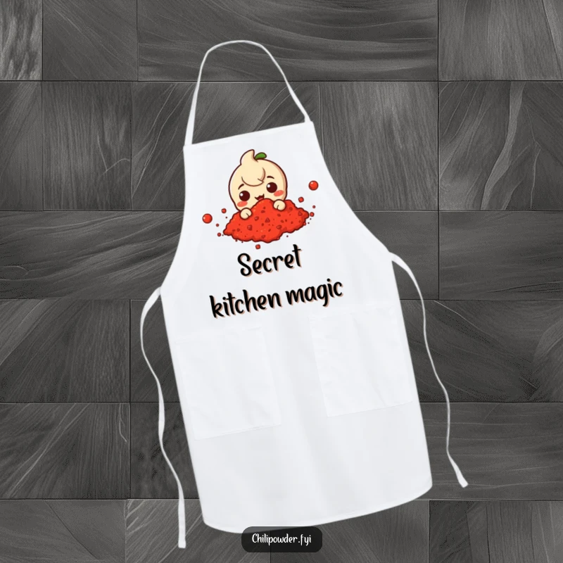 Funny apron showcasing a chili powder character peeking from a whimsical cloud of red chili powder, adding playful flair.