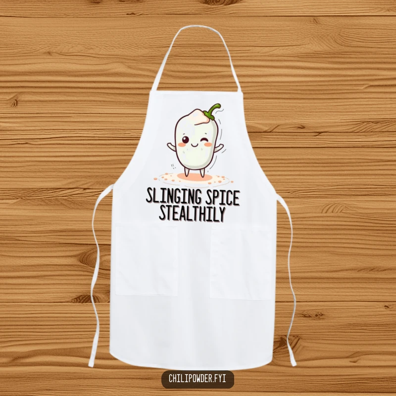 Funny Kawaii Chili Powder Apron - A cute cartoon chili powder character tiptoeing sneakily with a hidden smile, perfect for playful kitchen wear.