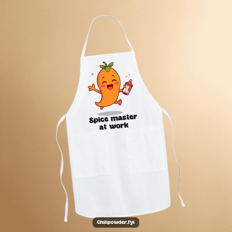 Funny chili powder character leaping with excitement, shaking a tiny spice shaker on an apron, adding spicy humor to kitchen tasks.