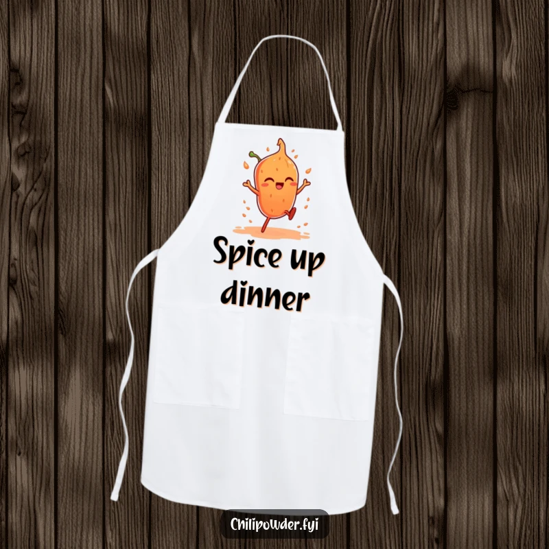 Funny apron with a chili powder character doing a fiery dance, bringing spicy humor to the kitchen.