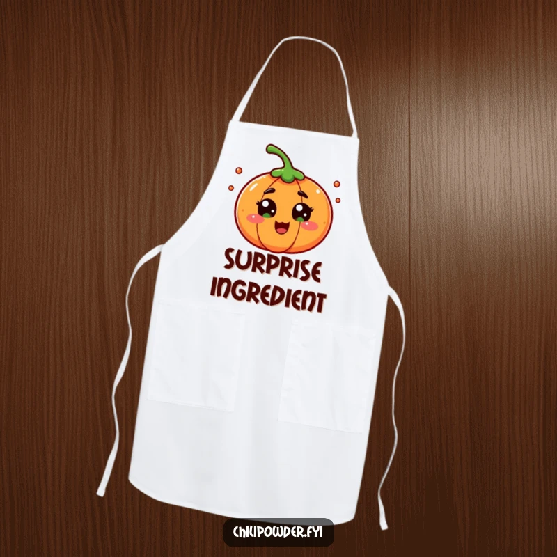 A chili powder character with wide eyes in playful surprise, on a practical apron for kitchen fun and humorous reactions.