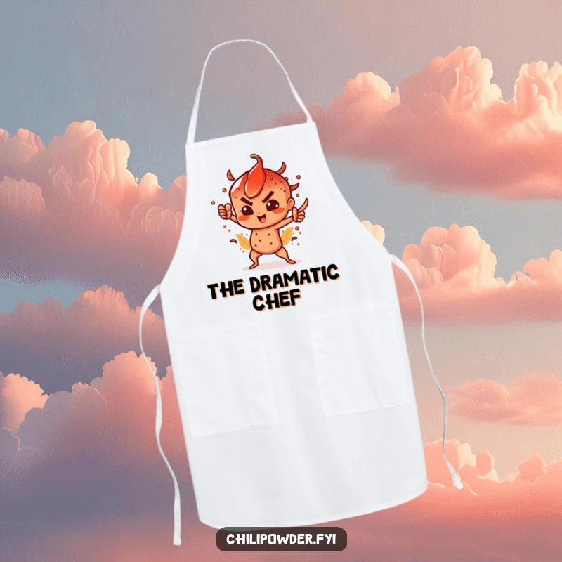 Funny apron featuring a chili powder character striking a dramatic, spicy, and powerful pose while cooking.