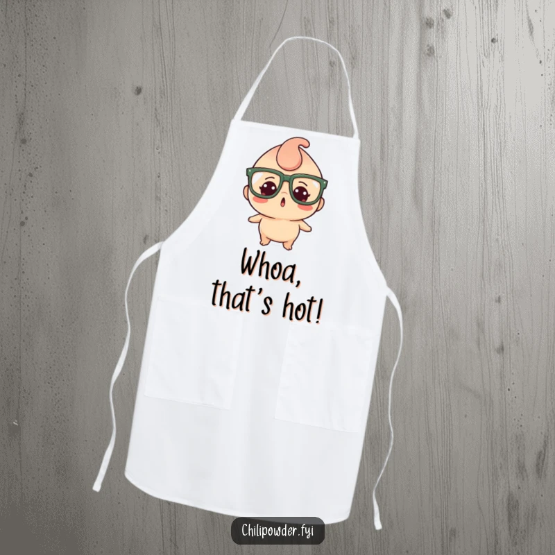 Funny apron showcasing a kawaii chili powder character wearing oversized glasses, looking comically surprised while cooking.