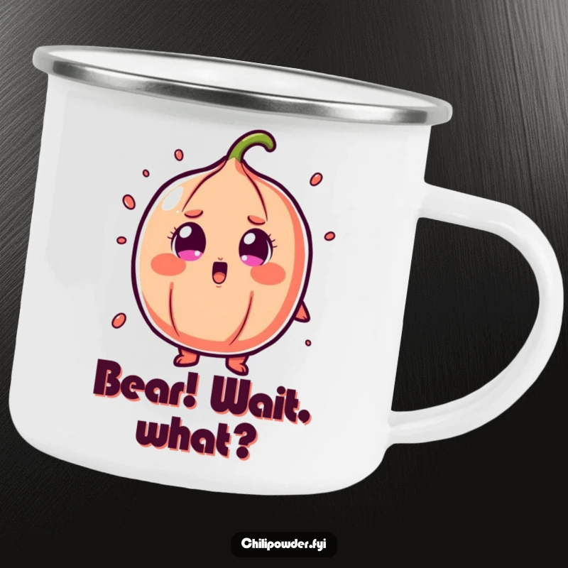 Funny chili powder camping mug with a character in cartoonish shock and wide eyes, perfect for outdoor surprise.