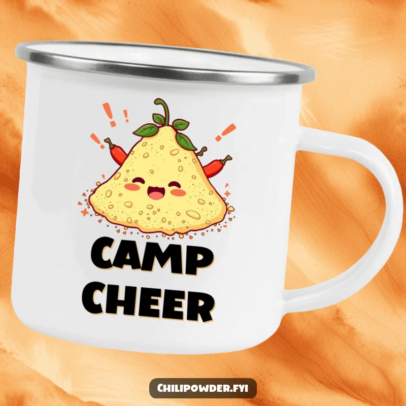 Funny camping mug showing a pile of chili powder characters cheering with exclamation marks, making outdoor drinks more spirited and fun.