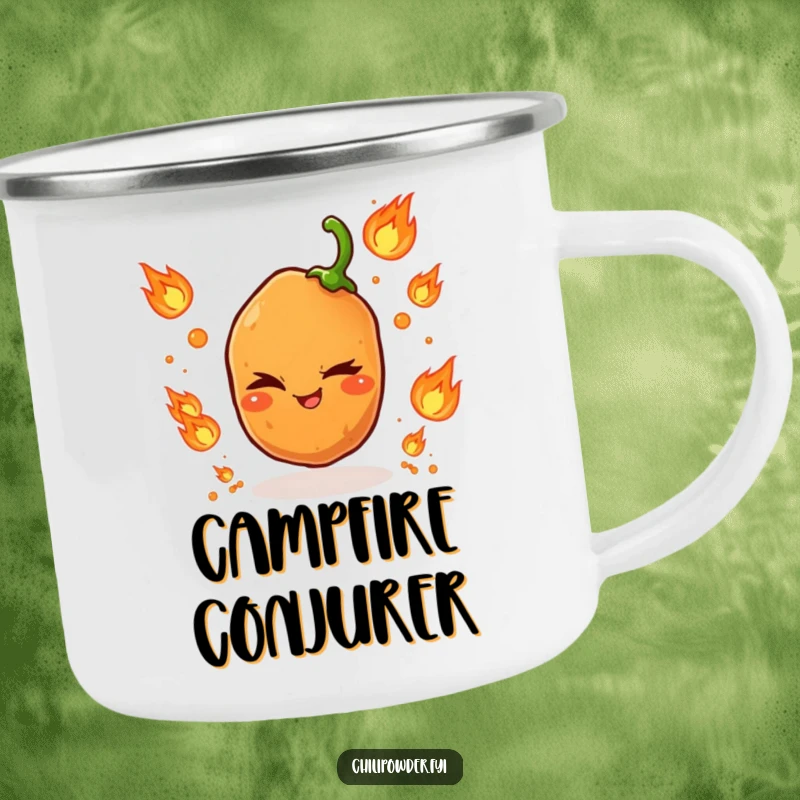 Funny camping mug showing a winking chili powder grain juggling small flame icons, perfect for fiery outdoor moments.