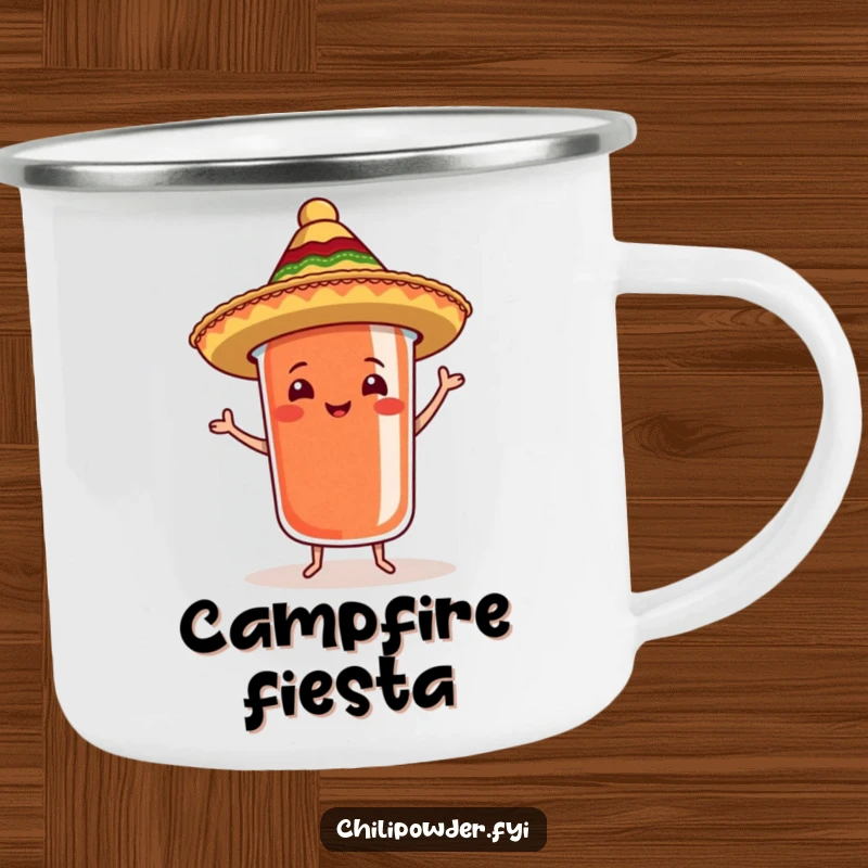 Funny chili powder container in sombrero dancing samba on a camping mug, ideal for outdoor fun.