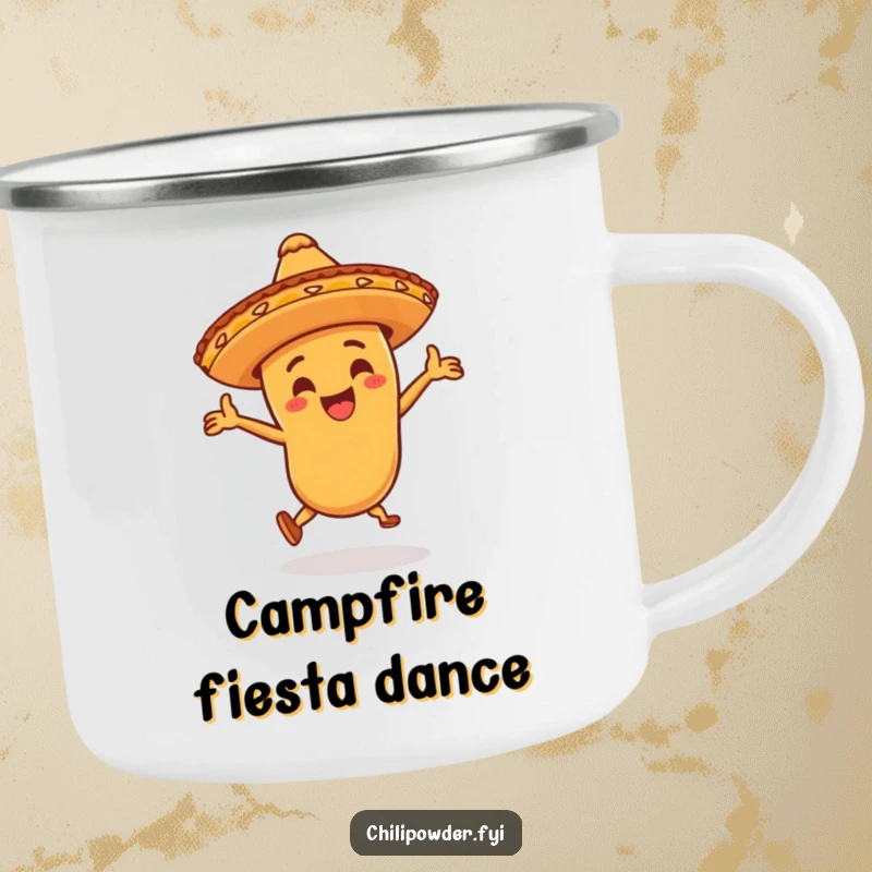Funny chili powder character wearing a little sombrero, dancing wildly on a camping mug, perfect for enjoying drinks during outdoor festivities with flair.
