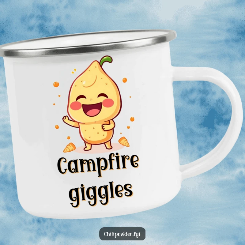 Funny Camping Mug: A kawaii chili powder character laughs heartily, bringing cheer and spice to outdoor adventures.