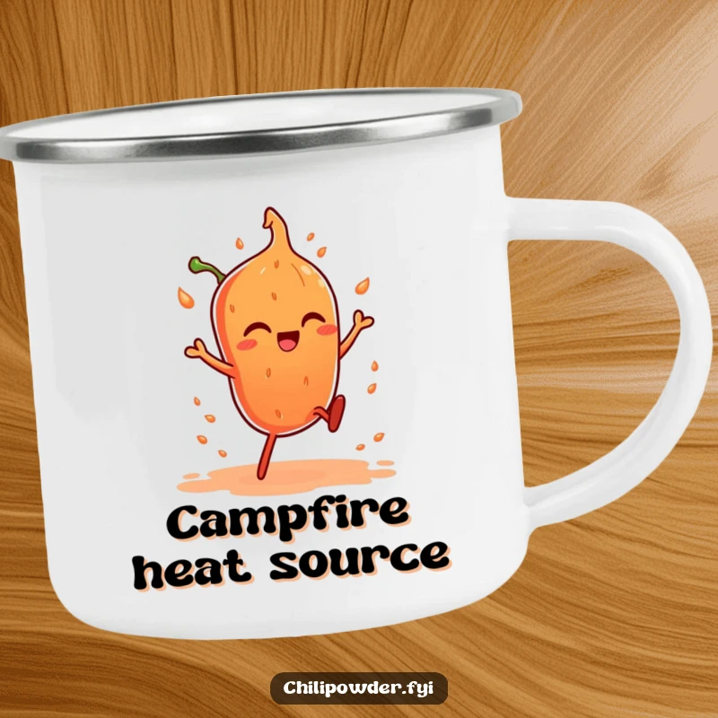Funny camping mug with a chili powder character doing a fiery dance, perfect for outdoor enjoyment and humorous kick.