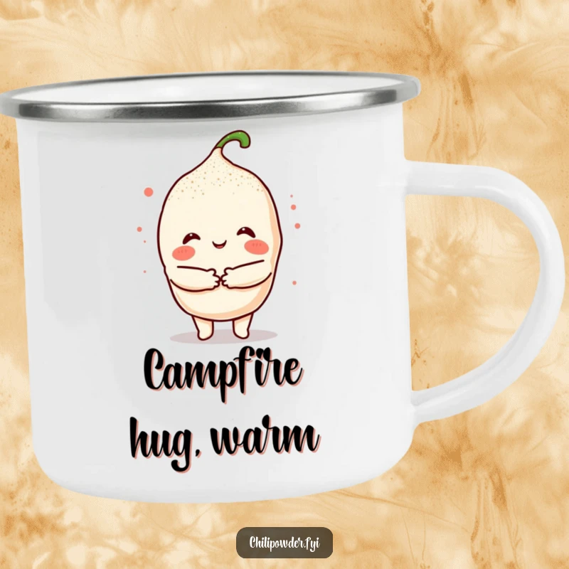 Funny Kawaii Chili Hug Camping Mug: A cute chili character giving a warm hug, perfect for spicy drinks outdoors.