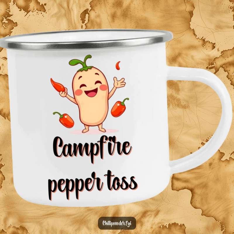 Funny camping mug with a smiling chili powder character juggling three small, red peppers, designed for outdoor enjoyment.