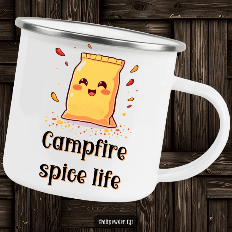 Funny Kawaii chili powder bag beaming with joy while scattering colorful spices, a durable and humorous camping mug.