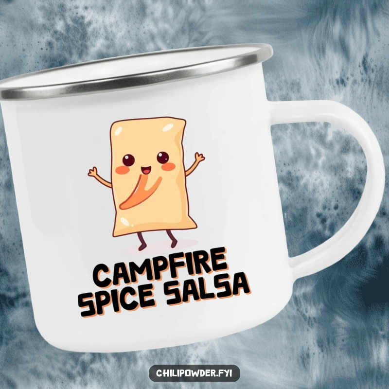 Funny Kawaii chili powder bag with legs dancing salsa on a rugged camping mug, perfect for spicy outdoor adventures.