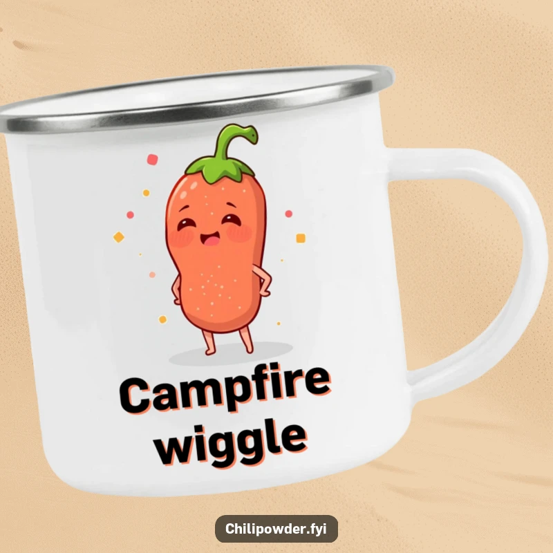 Funny camping mug showing a chili powder sprinkle character merrily wiggling its hips, making outdoor drinks more spirited and fun.