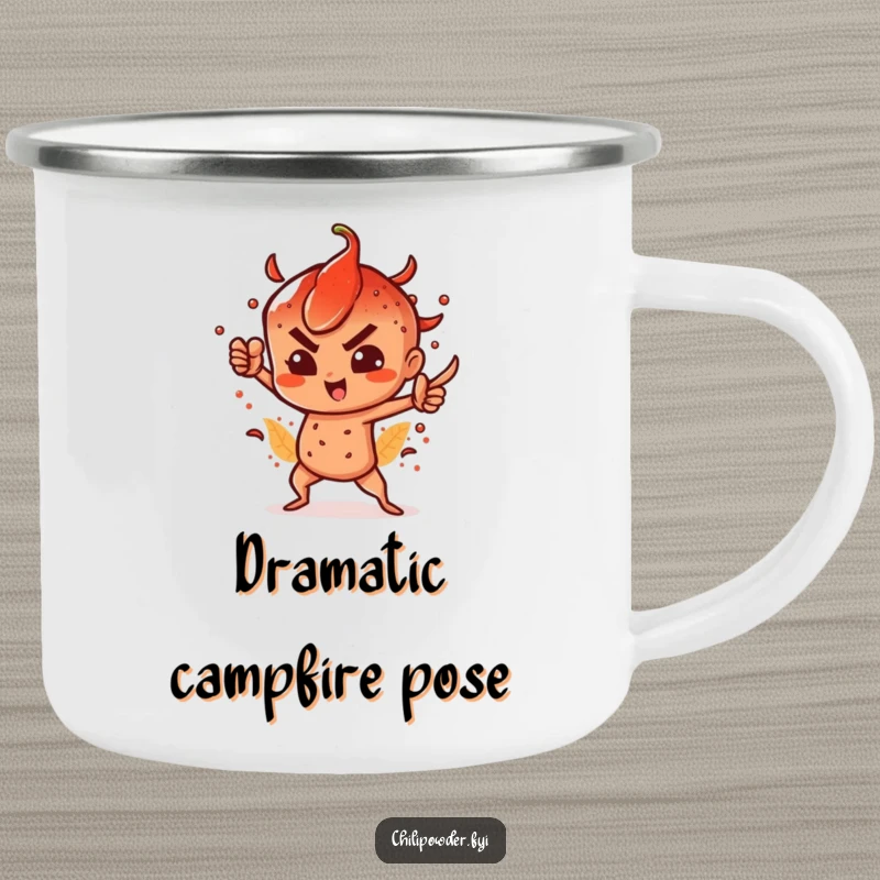 Funny camping mug featuring a chili powder character striking a dramatic, spicy pose, perfect for adventurous spirits.
