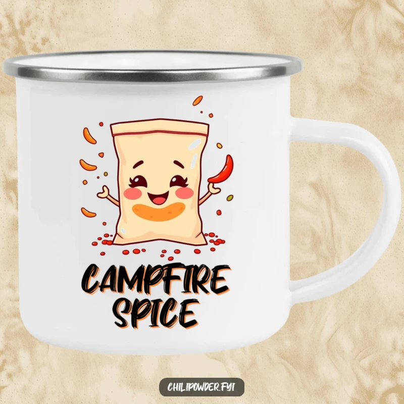 Funny Camping Mug: A chili powder bag juggles spice flakes, ready for adventure and laughter around the campfire.