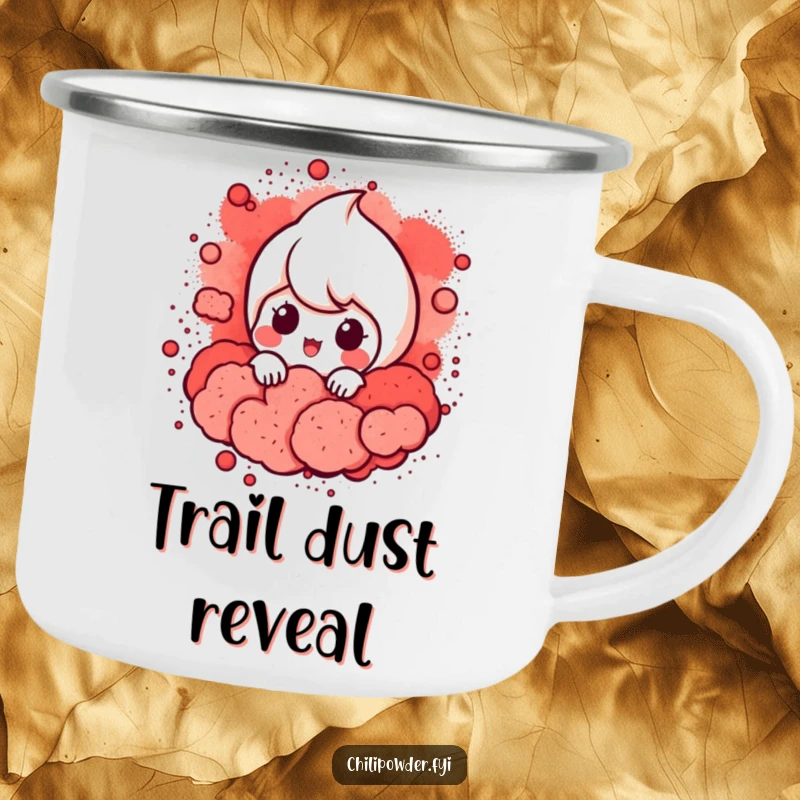 Funny Chili Powder Camp Mug: A chili powder character peeking from red powder, ideal for humorous outdoor enjoyment.