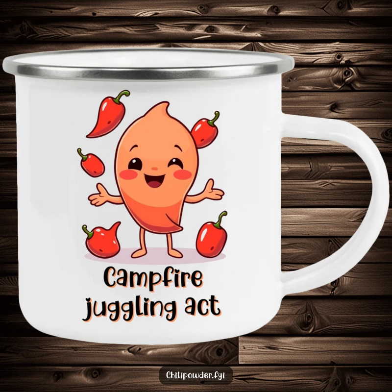 Funny Chili Powder Camp Mug: A happy chili powder character juggling peppers, perfect for outdoor enjoyment and humorous vibes.