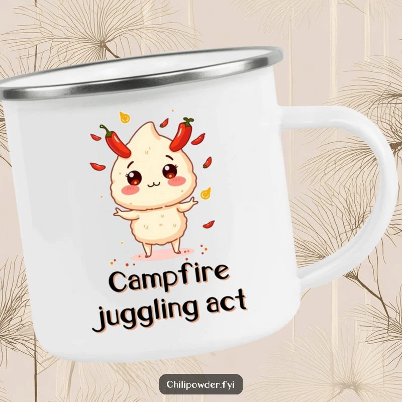 Funny chili powder puff juggling small exploding peppers on a rugged camping mug, promising exciting sips.
