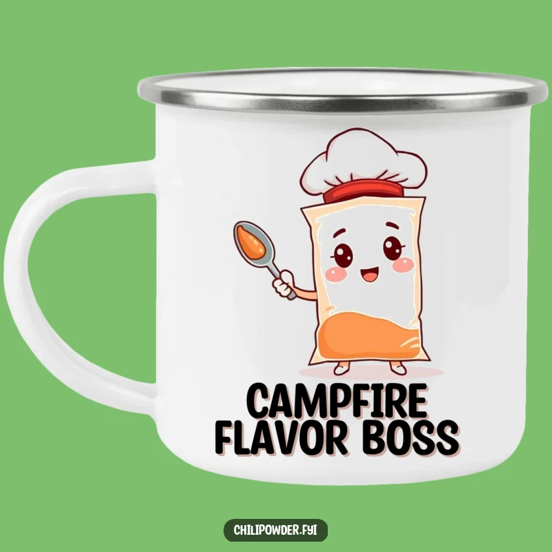 Funny Enamel Chili Mug: Chef Spice Character for Campfire Cooking Fun
